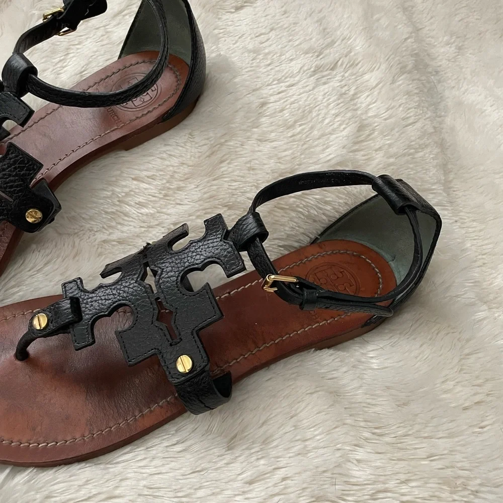 Tory Burch Black Leather Logo T-Strap Sandals